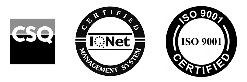CSQ certifcation logo, IQNet certifcation logo, ISO 9001 certifcation logo